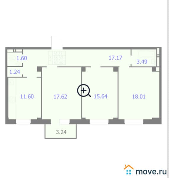 3-комн. квартира, 87.4 м²