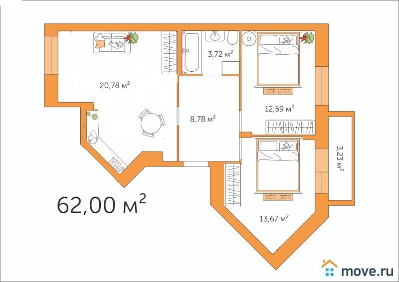 3-комн. квартира, 62 м²