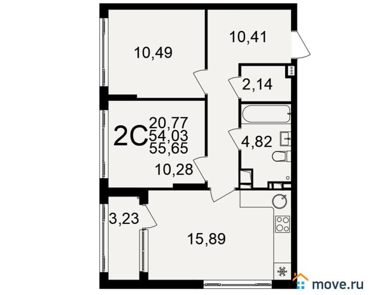 2-комн. квартира, 55.7 м²