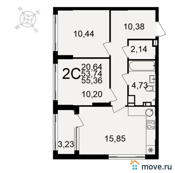 2-комн. квартира, 55.4 м²