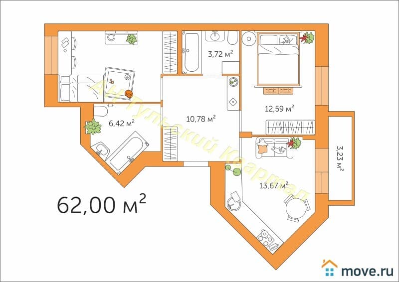 2-комн. квартира, 62 м²