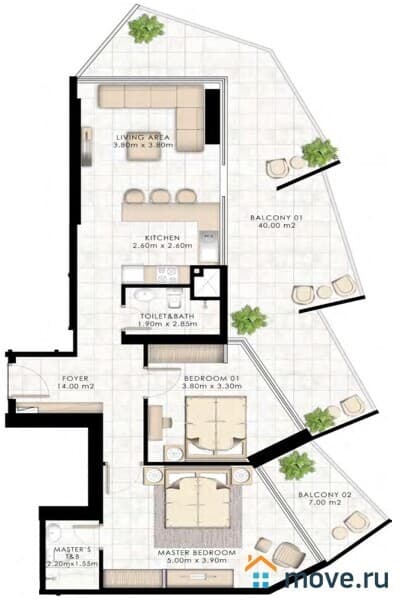 1-комн. апартаменты, 44 м²