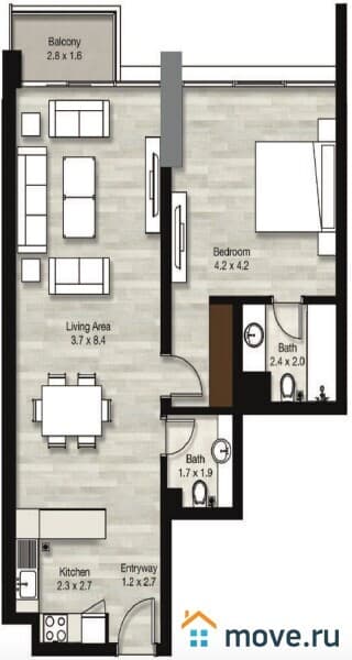 1-комн. апартаменты, 42 м²