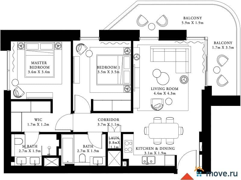 2-комн. апартаменты, 60 м²