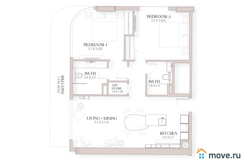 1-комн. апартаменты, 45 м²