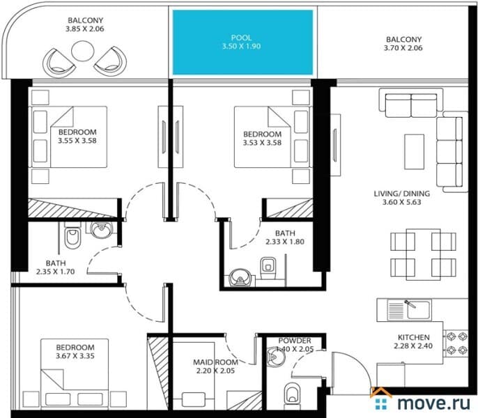 1-комн. апартаменты, 36 м²