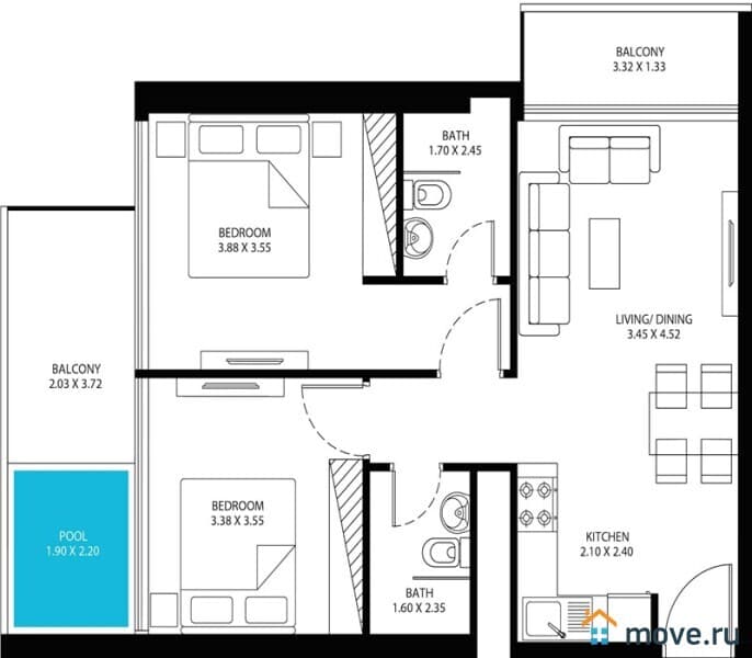 2-комн. апартаменты, 59 м²