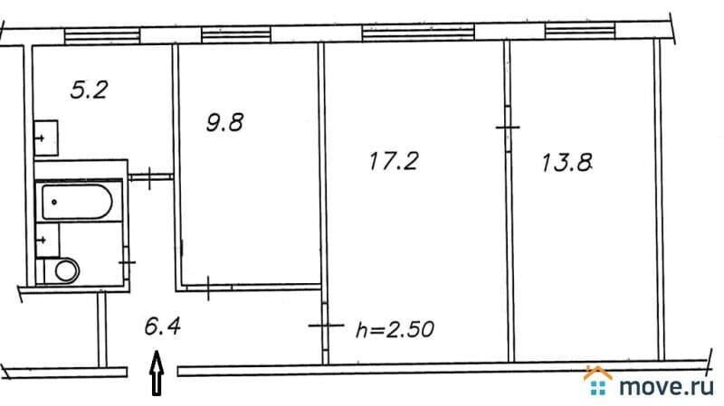 3-комн. квартира, 56.1 м²