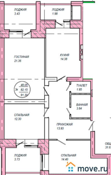 3-комн. квартира, 91 м²