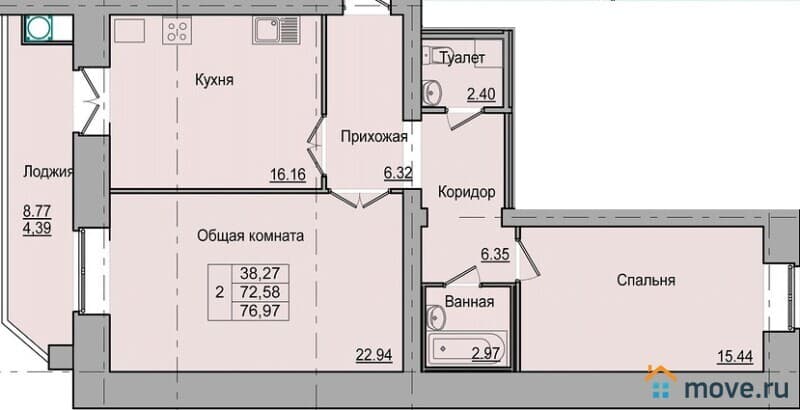 2-комн. квартира, 77 м²