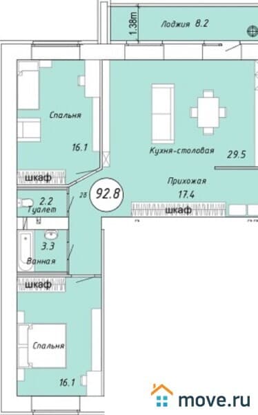 2-комн. квартира, 93 м²