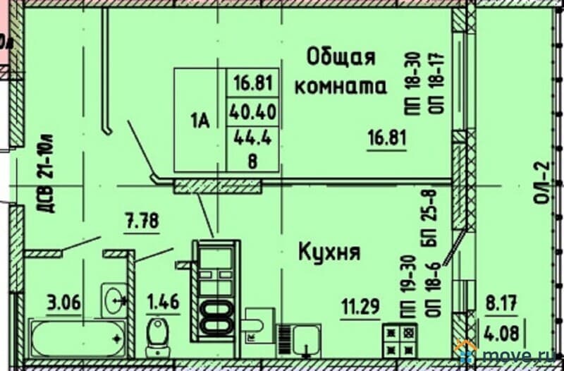 1-комн. квартира, 44 м²