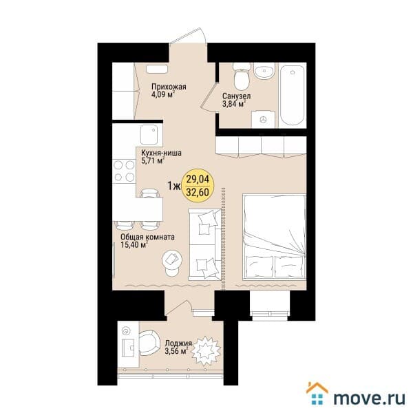 1-комн. квартира, 31 м²