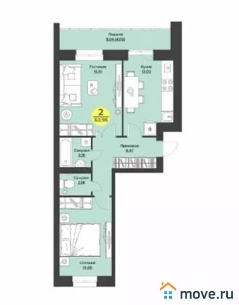 2-комн. квартира, 64 м²