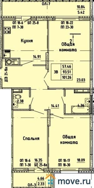 3-комн. квартира, 101 м²