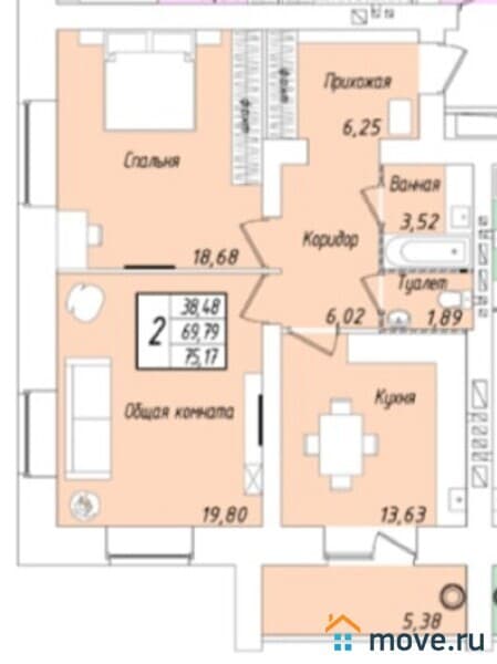 2-комн. квартира, 75 м²