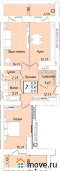 2-комн. квартира, 91 м²