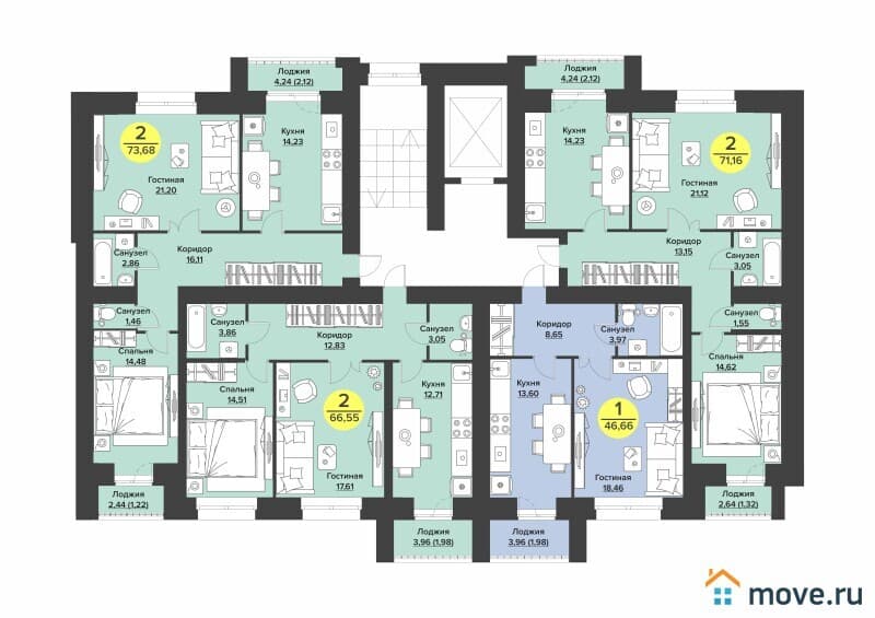2-комн. квартира, 74 м²