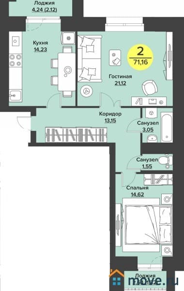 2-комн. квартира, 71 м²
