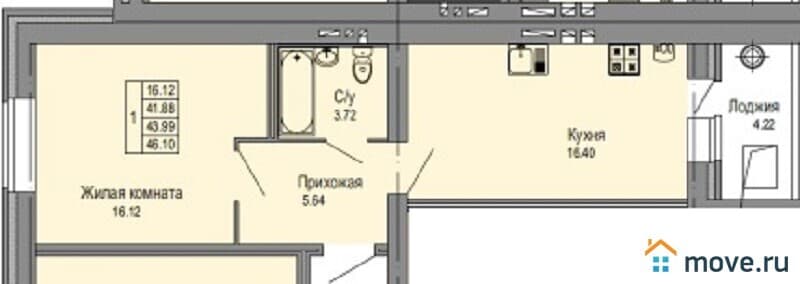 1-комн. квартира, 44 м²