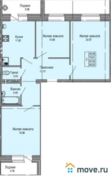 3-комн. квартира, 88 м²