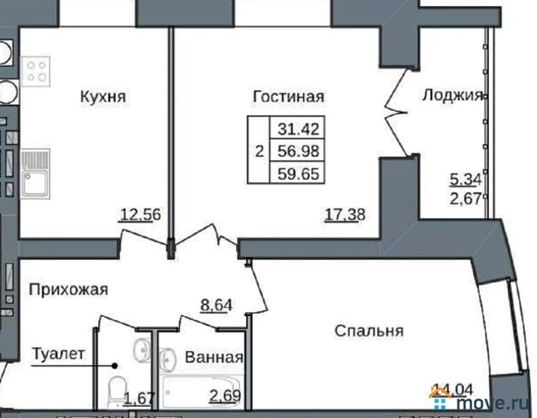 2-комн. квартира, 60 м²