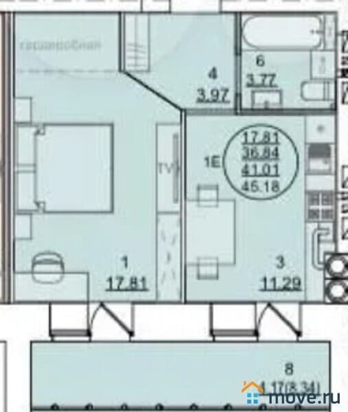 1-комн. квартира, 41 м²