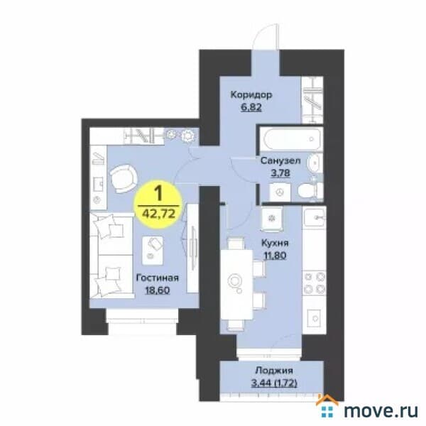 1-комн. квартира, 43 м²