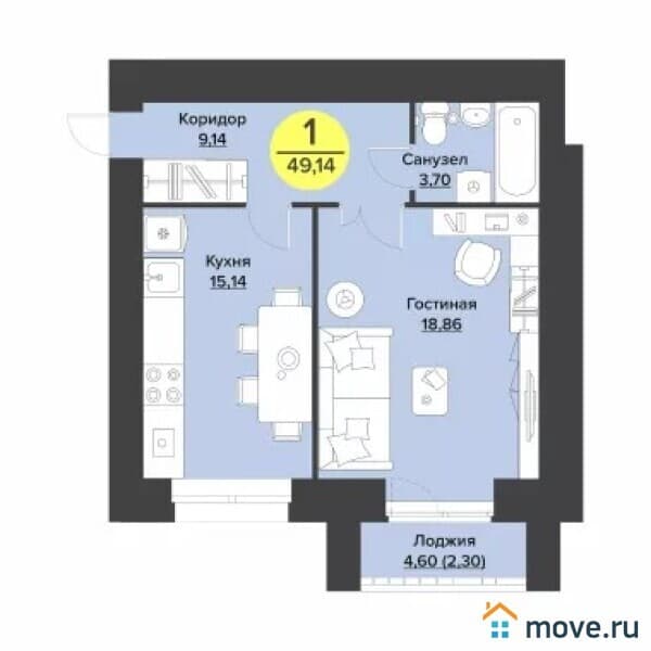1-комн. квартира, 49 м²