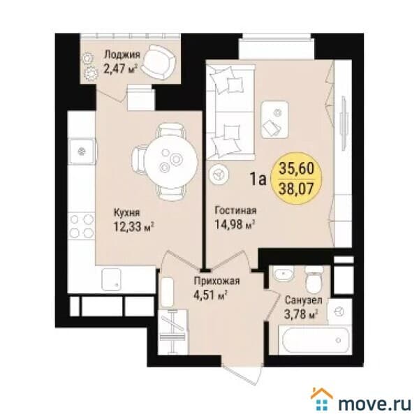 1-комн. квартира, 38 м²