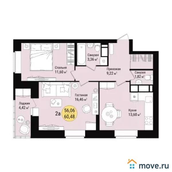 2-комн. квартира, 61 м²
