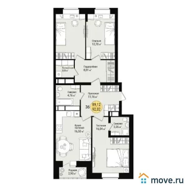 3-комн. квартира, 92 м²