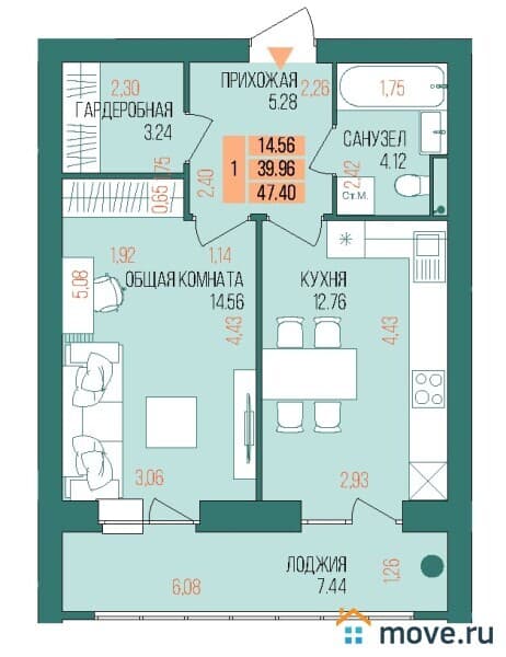 1-комн. квартира, 48 м²