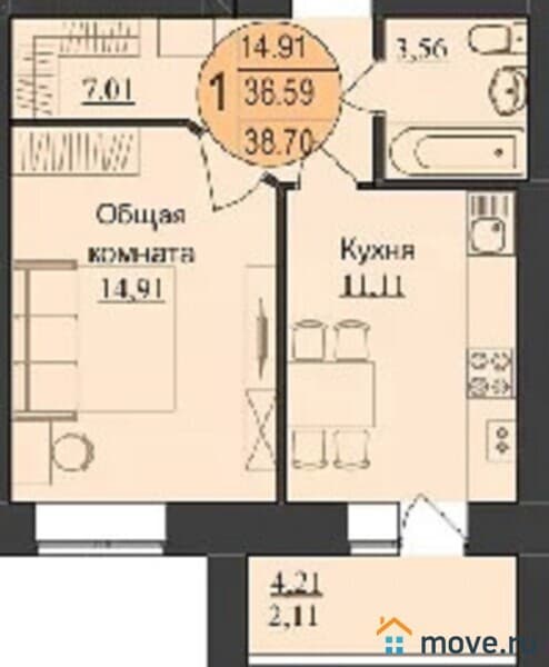 1-комн. квартира, 39 м²