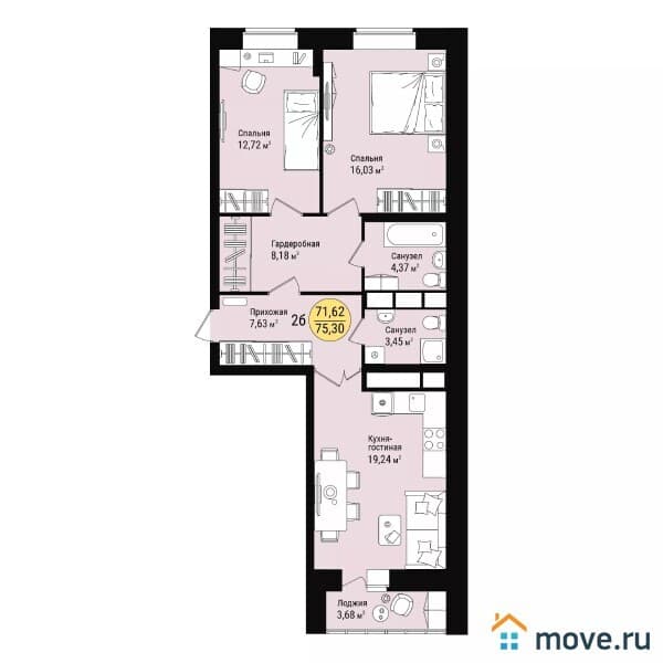 2-комн. квартира, 76 м²
