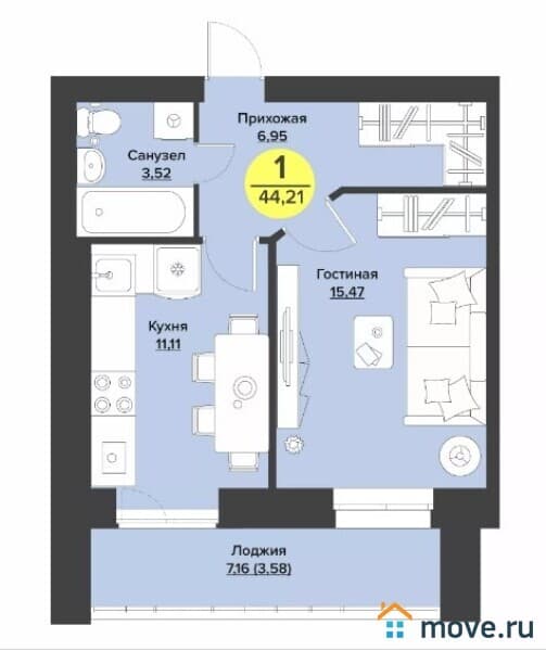 1-комн. квартира, 43 м²