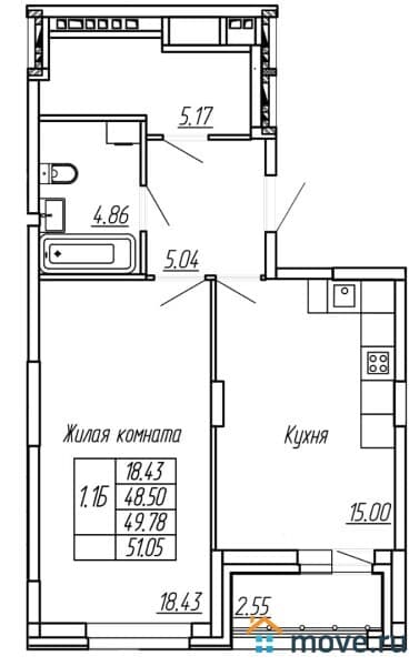 1-комн. квартира, 50 м²