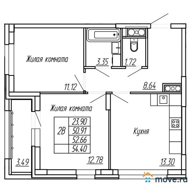 2-комн. квартира, 53 м²