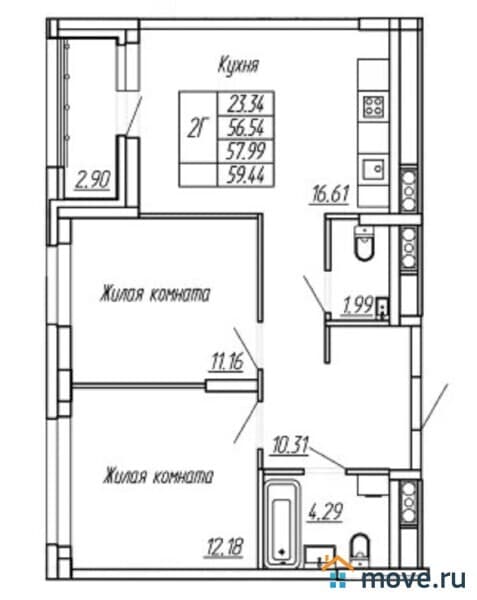2-комн. квартира, 58 м²