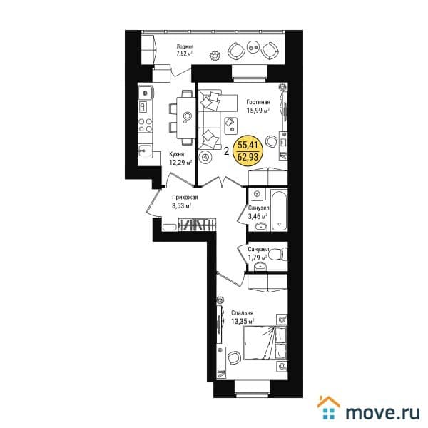 2-комн. квартира, 63 м²
