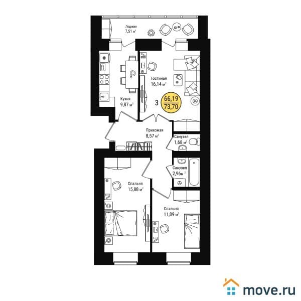 3-комн. квартира, 74 м²