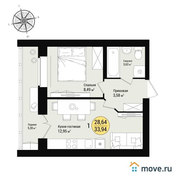 1-комн. квартира, 34 м²