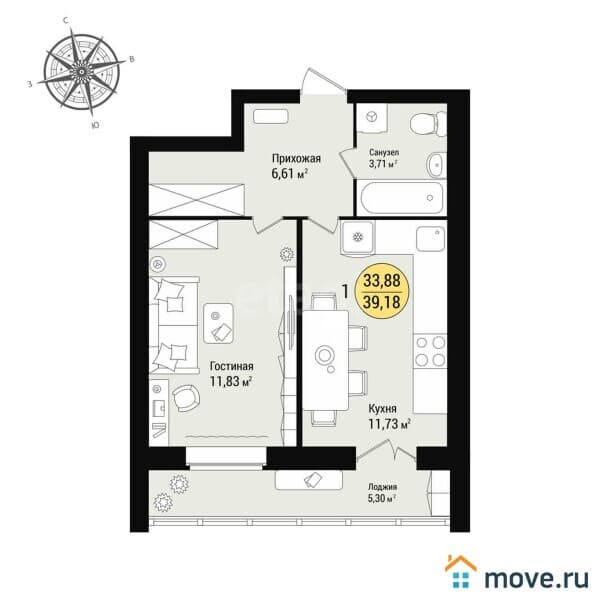 1-комн. квартира, 39 м²