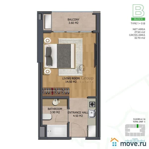 студия, 27 м²