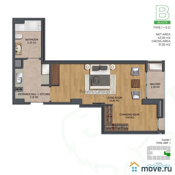 студия, 27 м²