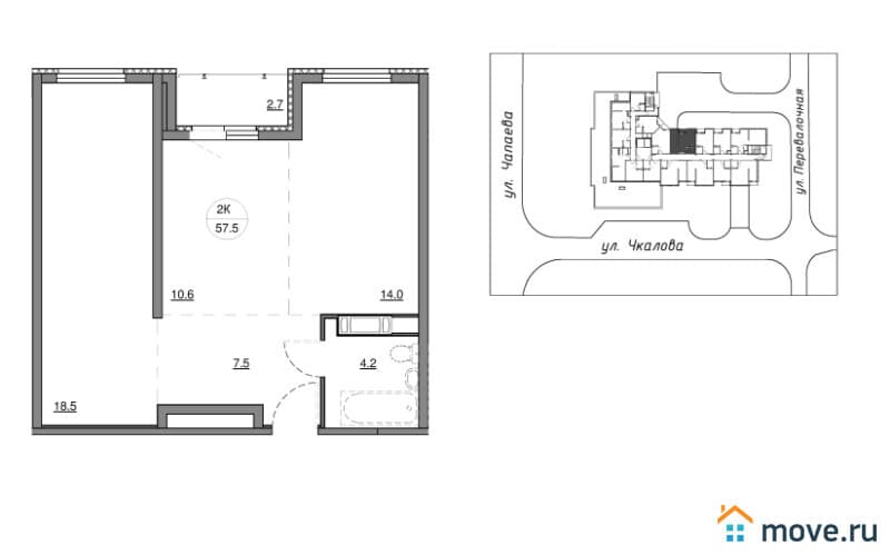 2-комн. квартира, 57.5 м²